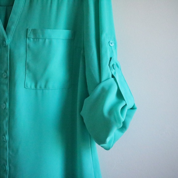 Express Teal Long Sleeve Button Up Blouse Top - Picture 6 of 8
